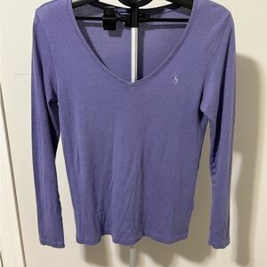 Ralph Lauren Sport Womens Medium Purple V Neck Long Sleeve Tee Pony Logo Casual